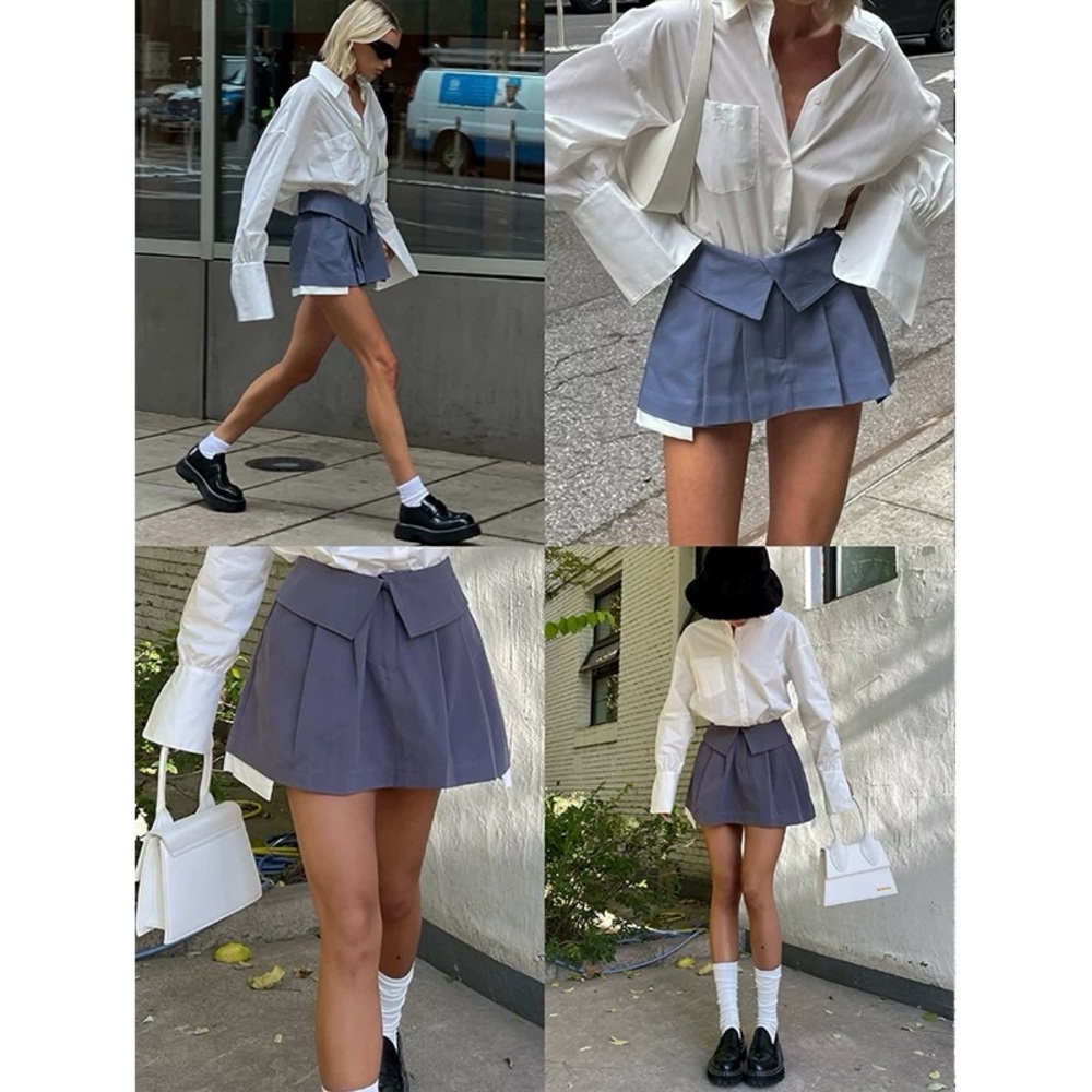Mini Skirt High Waist Gray Pleated Skirt A-Line Turn-Down Shorts